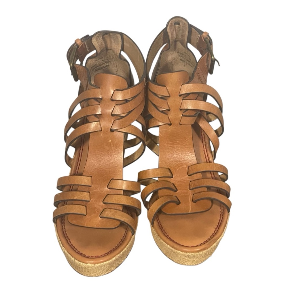 Trask Brown Leather Strappy Jute Wedge Platform Buckle Sandals Heels Sz 9